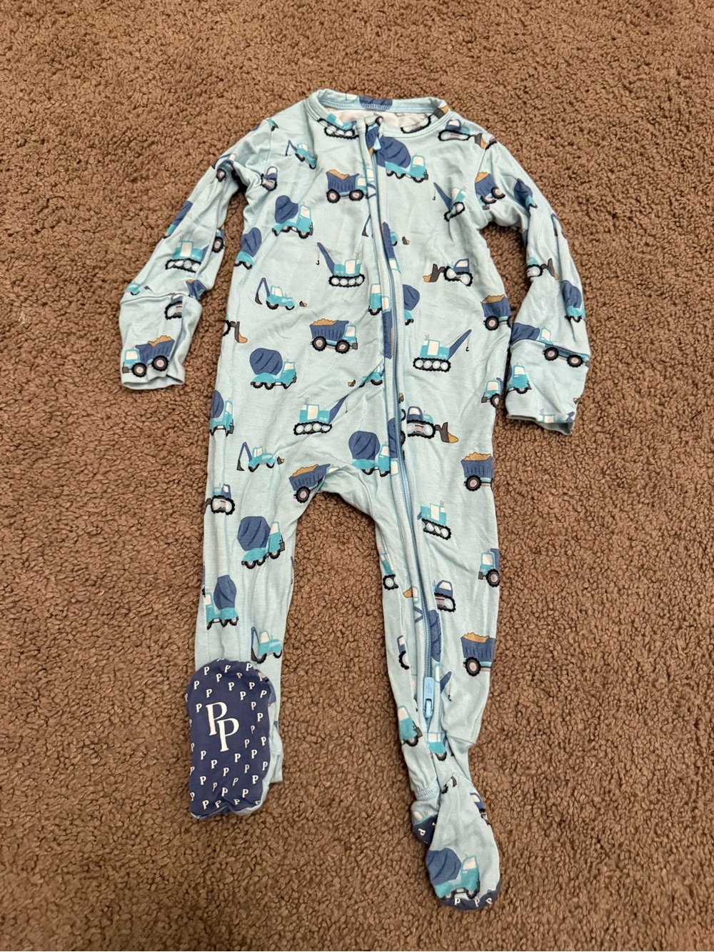 Posh Peanut Light Blue Construction Print Footed One-Piece